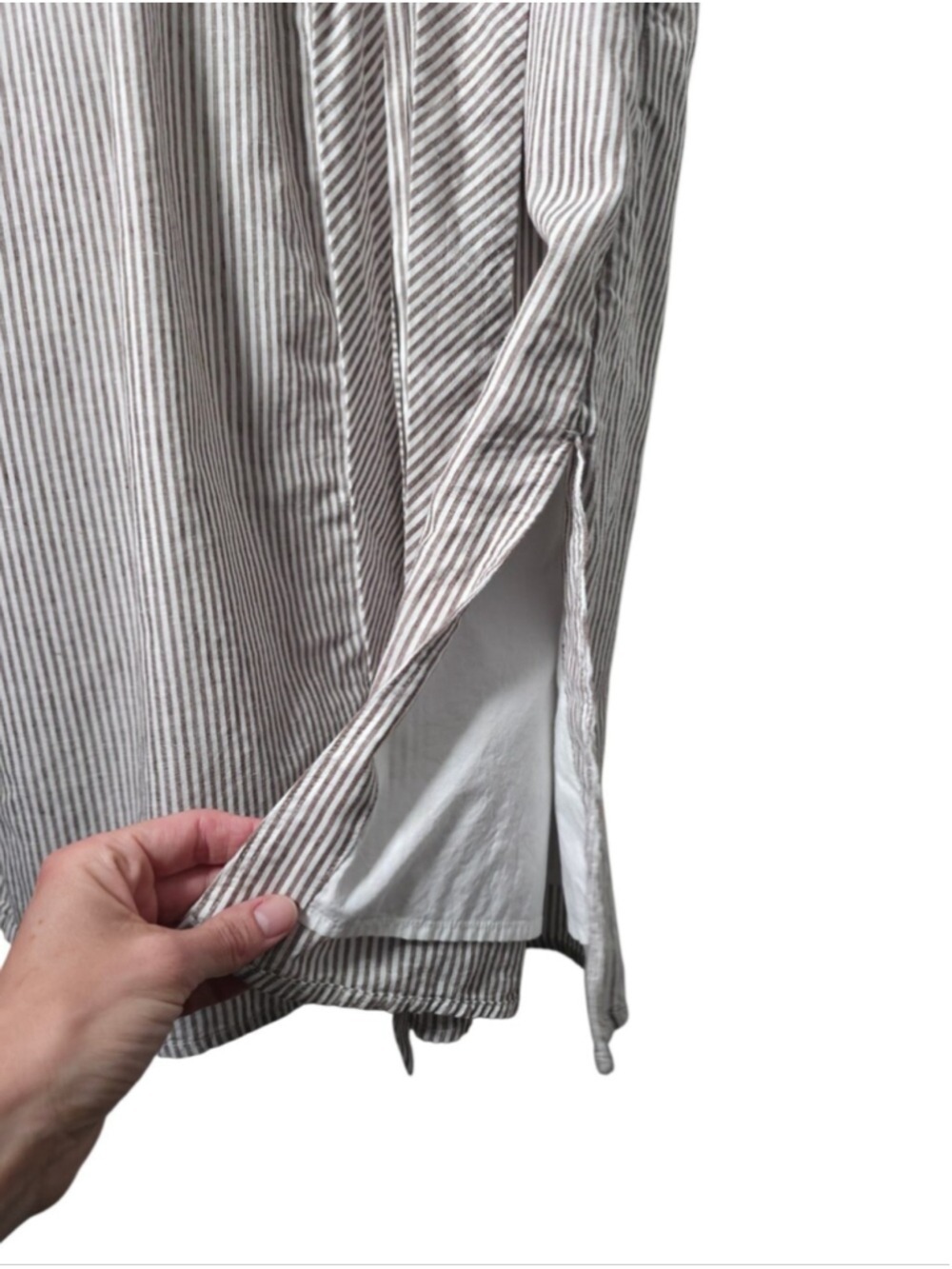 Banana Republic Petite Striped Shirt Dress Brown White Sleeveless Belted Midi - Picture 8 of 11